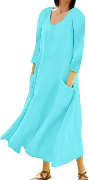 Midi Dresses for Women 3/4 Sleeve Plus Size Maxi Dress with Pockets Elegant Casual Modest Scoop Neck Flowy Summer Dress