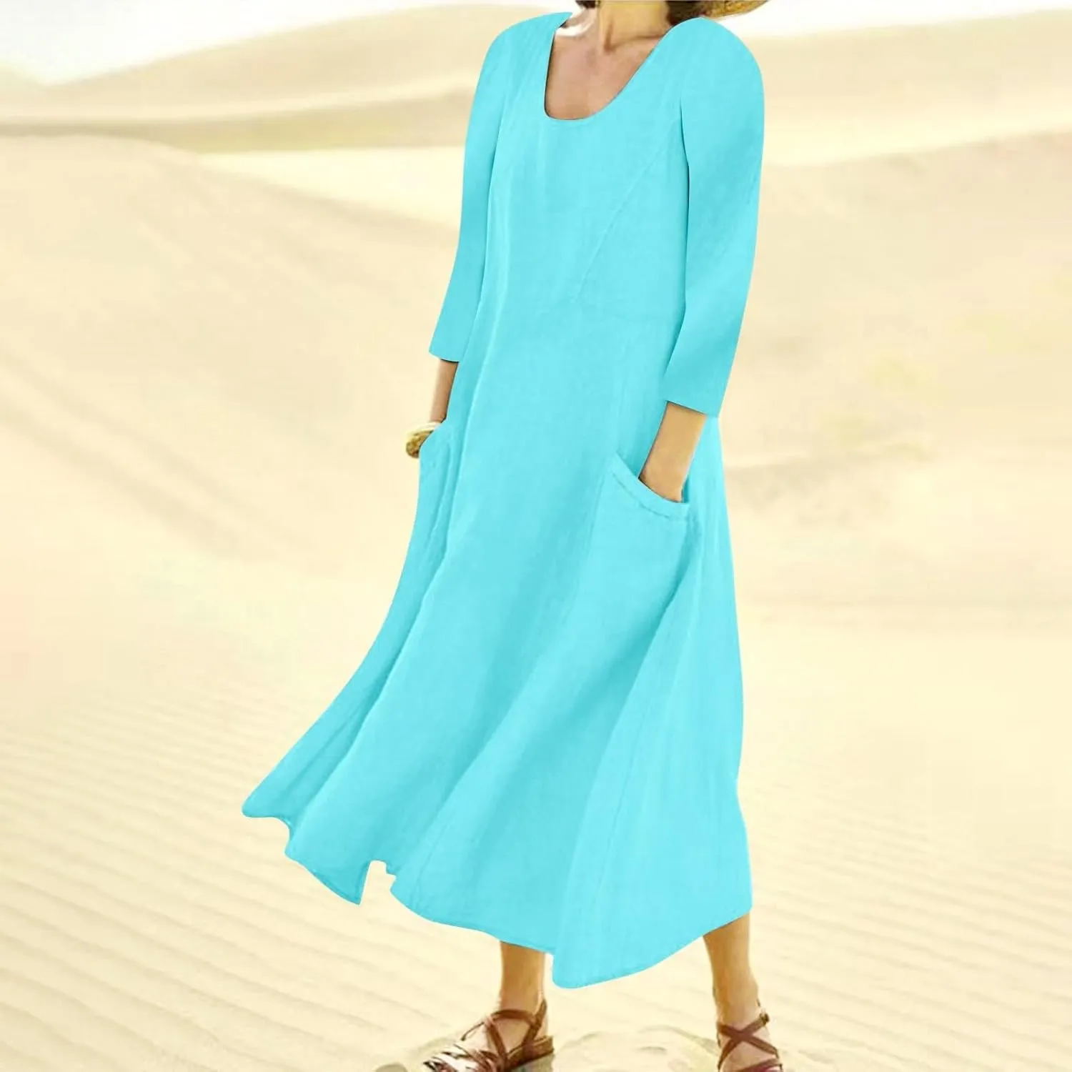 Midi Dresses for Women 3/4 Sleeve Plus Size Maxi Dress with Pockets Elegant Casual Modest Scoop Neck Flowy Summer Dress
