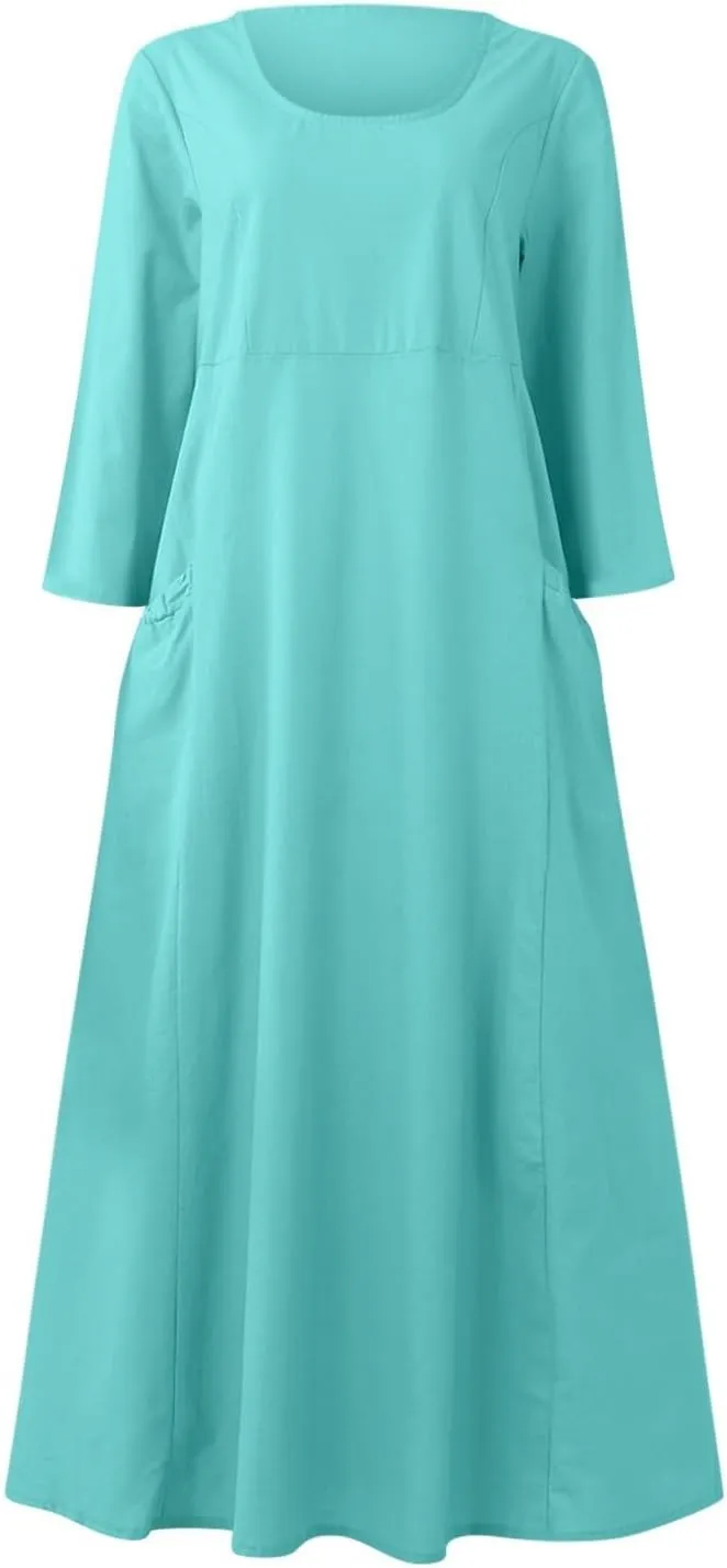Midi Dresses for Women 3/4 Sleeve Plus Size Maxi Dress with Pockets Elegant Casual Modest Scoop Neck Flowy Summer Dress