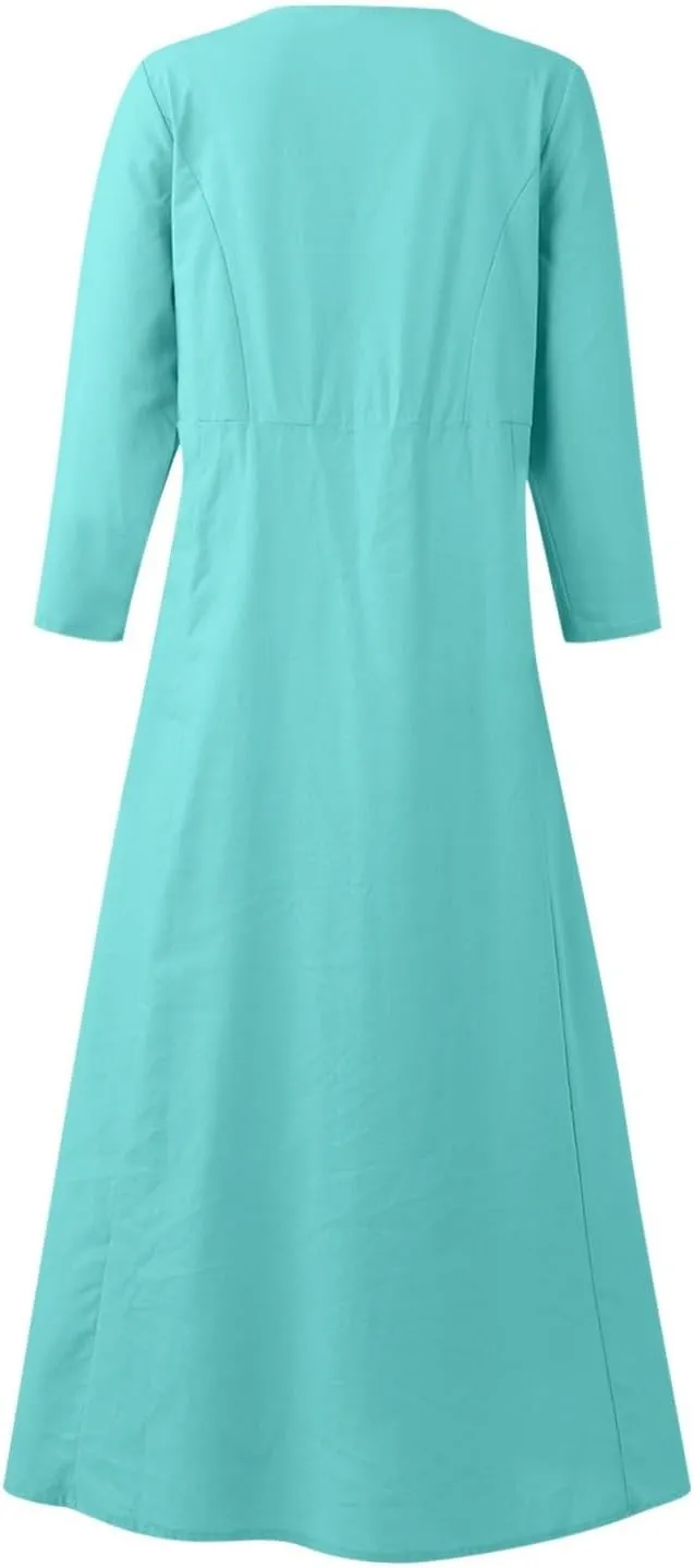 Midi Dresses for Women 3/4 Sleeve Plus Size Maxi Dress with Pockets Elegant Casual Modest Scoop Neck Flowy Summer Dress