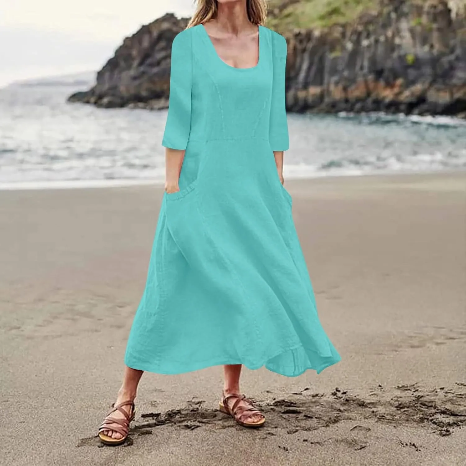 Midi Dresses for Women 3/4 Sleeve Plus Size Maxi Dress with Pockets Elegant Casual Modest Scoop Neck Flowy Summer Dress