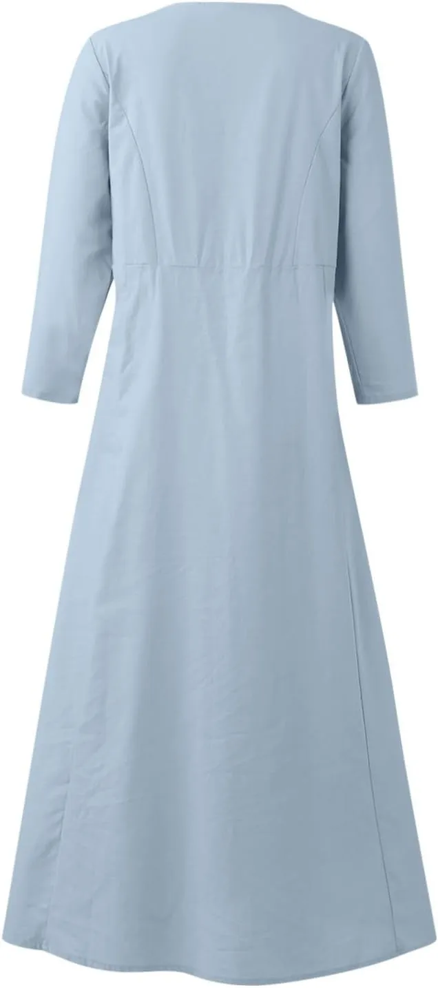 Midi Dresses for Women 3/4 Sleeve Plus Size Maxi Dress with Pockets Elegant Casual Modest Scoop Neck Flowy Summer Dress