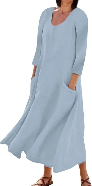 Midi Dresses for Women 3/4 Sleeve Plus Size Maxi Dress with Pockets Elegant Casual Modest Scoop Neck Flowy Summer Dress