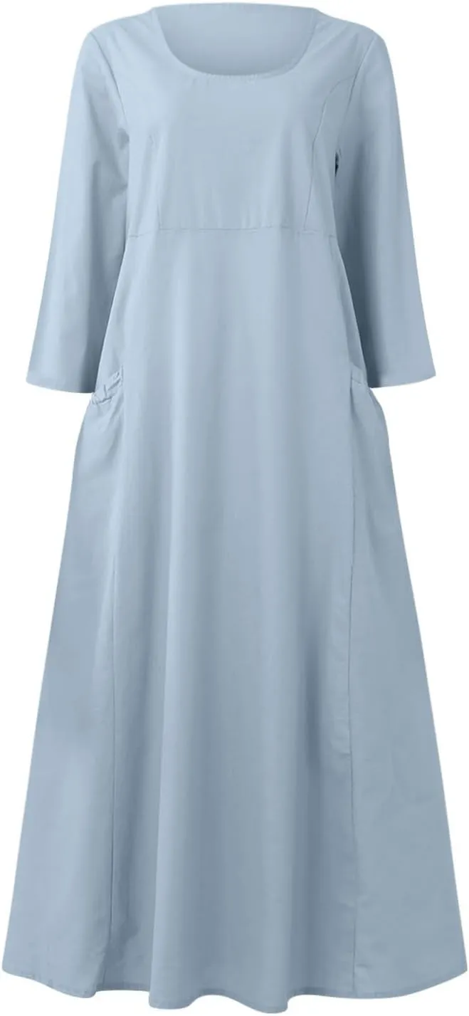 Midi Dresses for Women 3/4 Sleeve Plus Size Maxi Dress with Pockets Elegant Casual Modest Scoop Neck Flowy Summer Dress