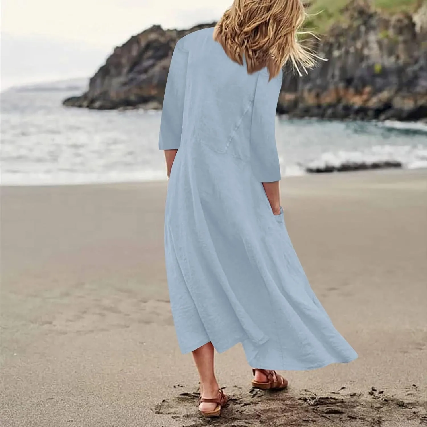 Midi Dresses for Women 3/4 Sleeve Plus Size Maxi Dress with Pockets Elegant Casual Modest Scoop Neck Flowy Summer Dress