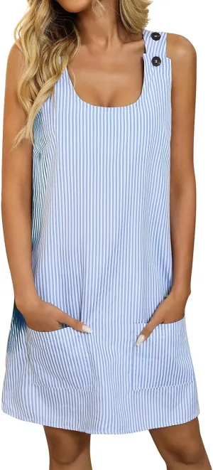 Midi Dresses for Women Casual Striped Sleeveless U Neck Knee Length Summer Dress Comfy Beach Sundress with Pockets