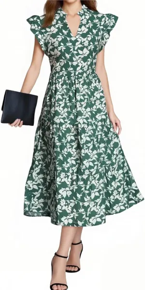 Midi Dresses for Women Floral Flowy Cap Sleeve V Neck A Line Wrap Dress Casual Summer Boho Beach Vacation Sundress