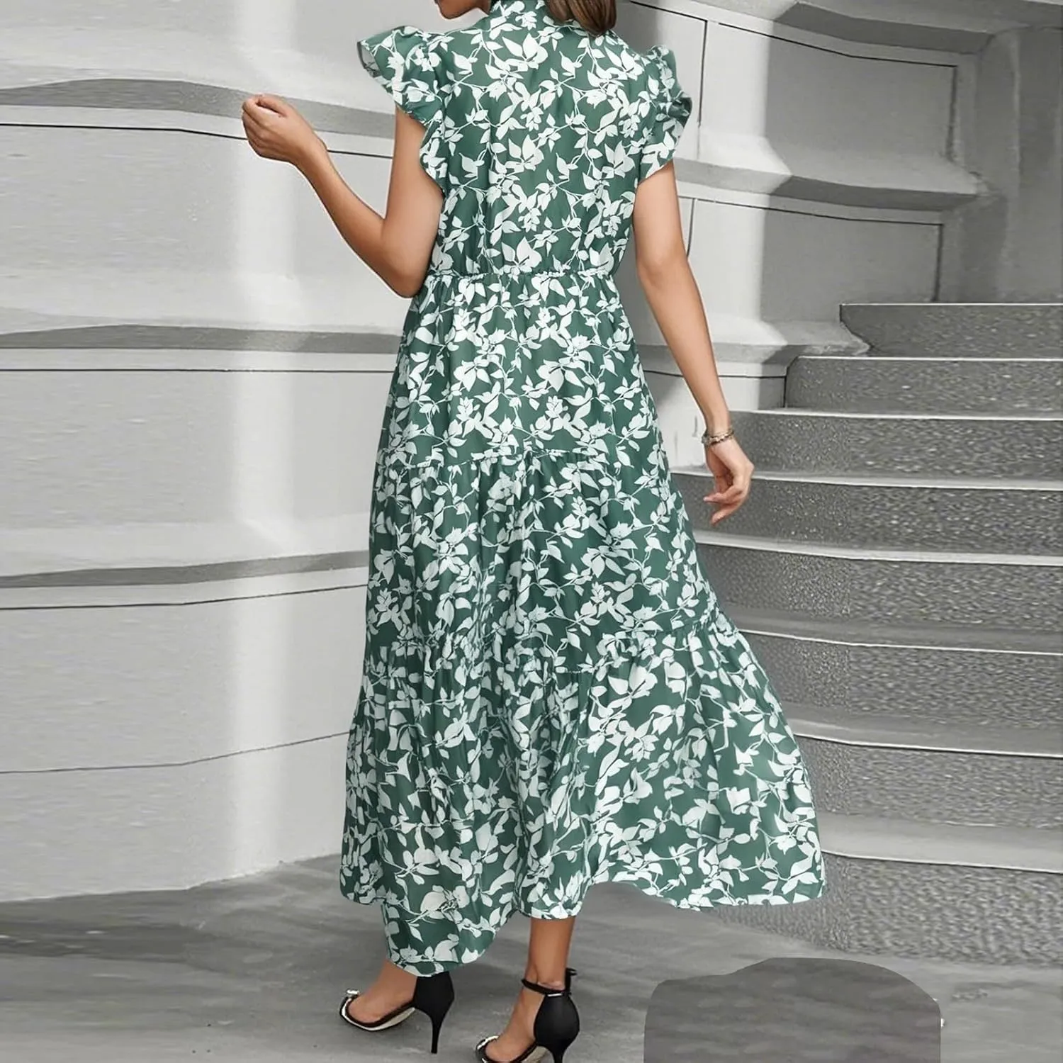 Midi Dresses for Women Floral Flowy Cap Sleeve V Neck A Line Wrap Dress Casual Summer Boho Beach Vacation Sundress