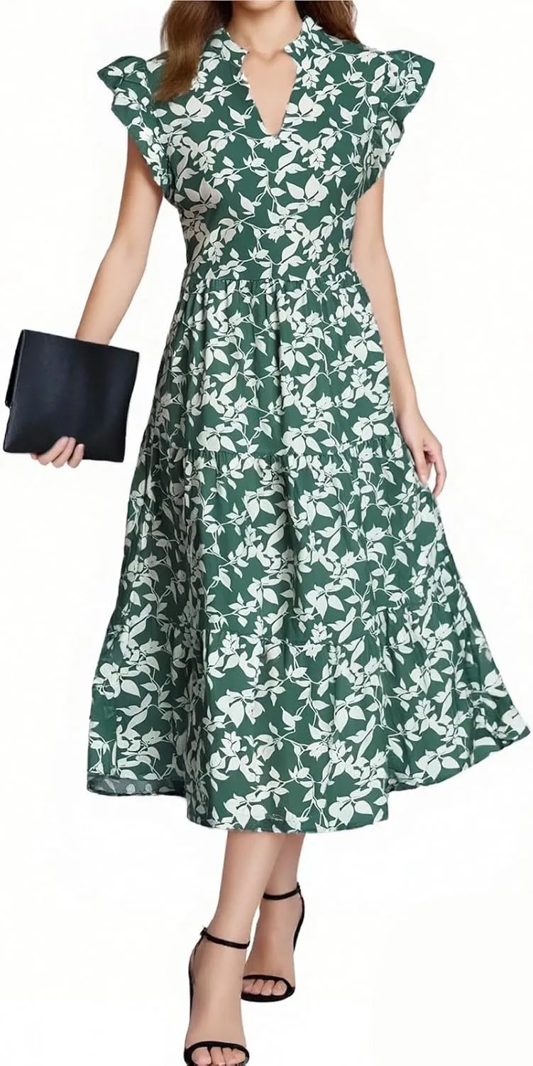 Midi Dresses for Women Floral Flowy Cap Sleeve V Neck A Line Wrap Dress Casual Summer Boho Beach Vacation Sundress