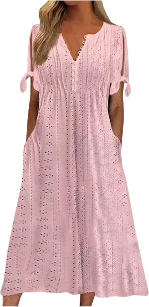 Midi Dresses for Women Wedding Guest Sexy V Neck Cold Shoulder Trendy Plus Size Button Up Short Sleeve Summer Dress