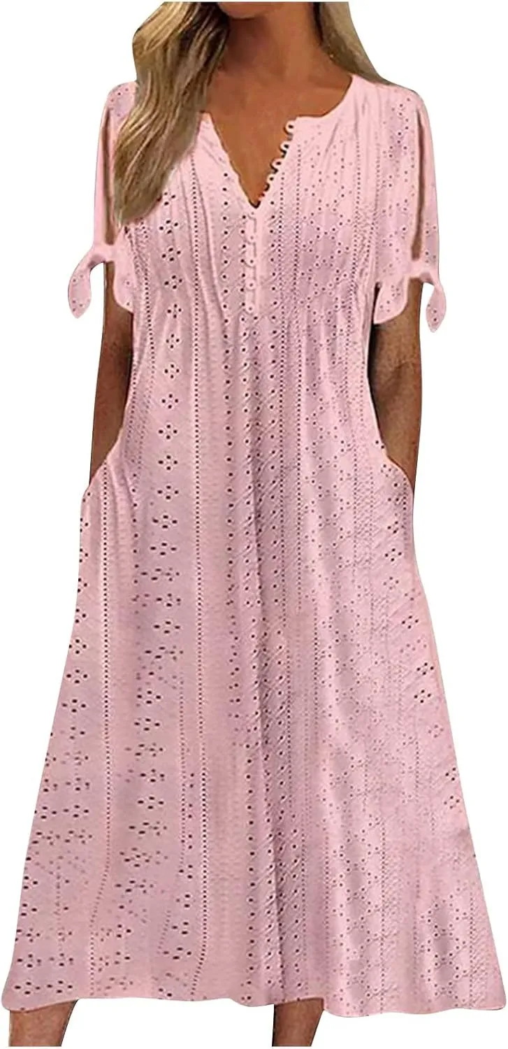 Midi Dresses for Women Wedding Guest Sexy V Neck Cold Shoulder Trendy Plus Size Button Up Short Sleeve Summer Dress