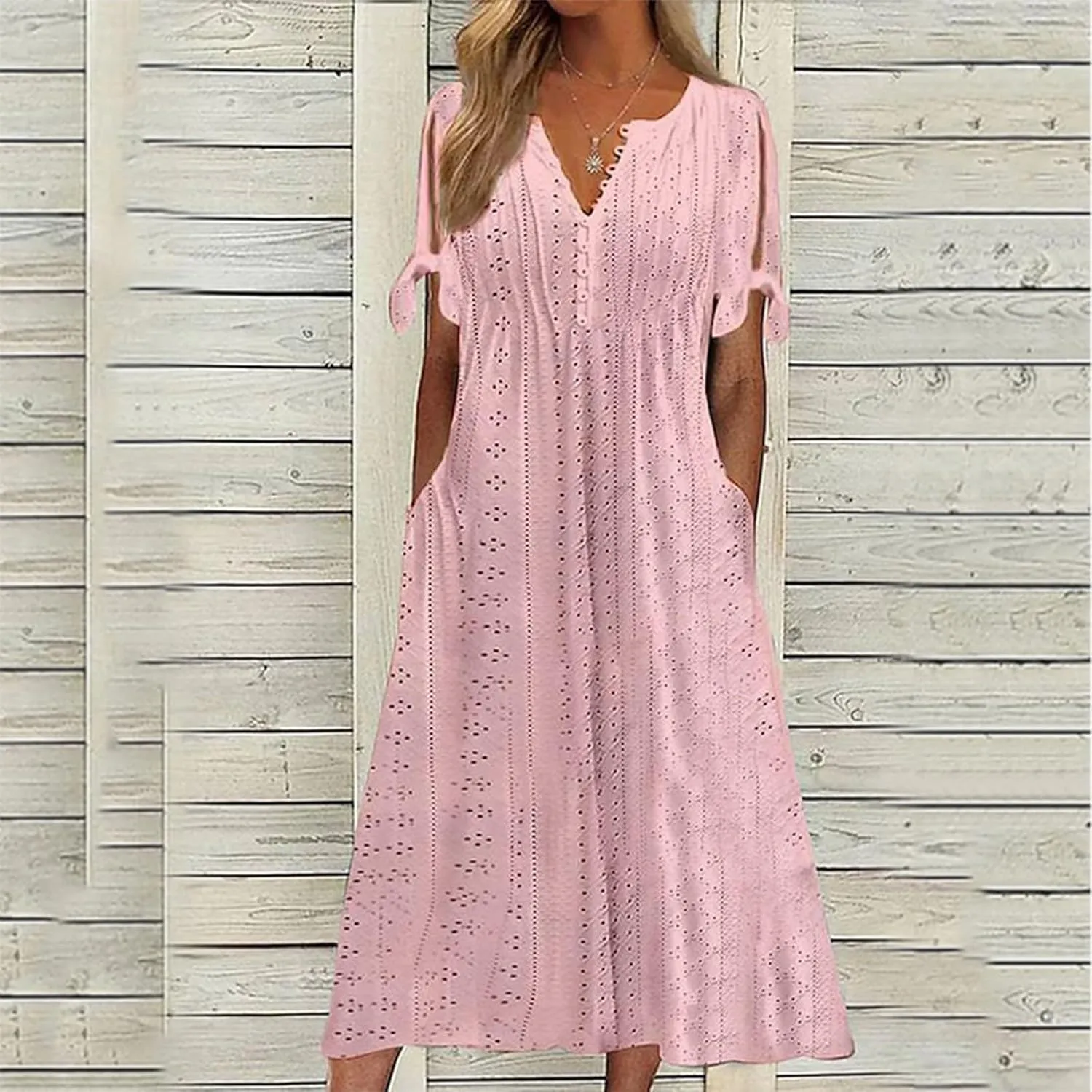 Midi Dresses for Women Wedding Guest Sexy V Neck Cold Shoulder Trendy Plus Size Button Up Short Sleeve Summer Dress