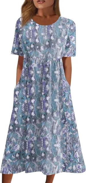 Midi Dresses for Women,Casual Plus Size Elegant Vintage Floral Smocked Flowy Dress Trendy Short Sleeve Summer Dress
