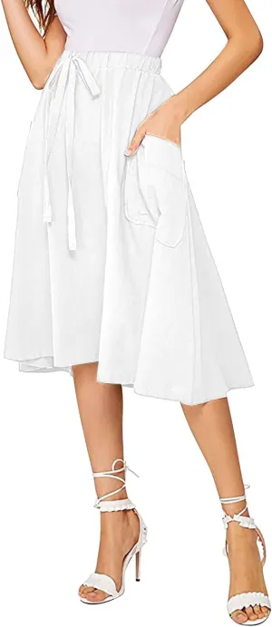 Midi Skirt for Women Women's Casual High Waist Pleated A Line Midi Skirt with Pocket Women Skirts Midi Length