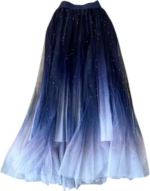Midi Skirt Women's Fairy Tulle Skirt Starry Sky Gradient Color Mesh Skirt High Waist A Line Pleated Womens Long
