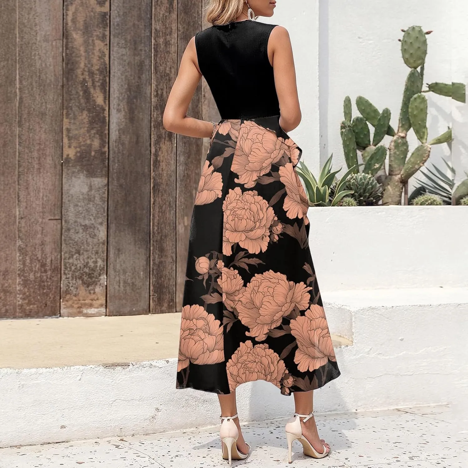 Midi Summer Dresses for Women 2025 Sleeveless Floral Split Patchwork Dress Casual Crewneck Wedding Guest Dresses