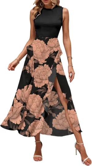 Midi Summer Dresses for Women 2025 Sleeveless Floral Split Patchwork Dress Casual Crewneck Wedding Guest Dresses
