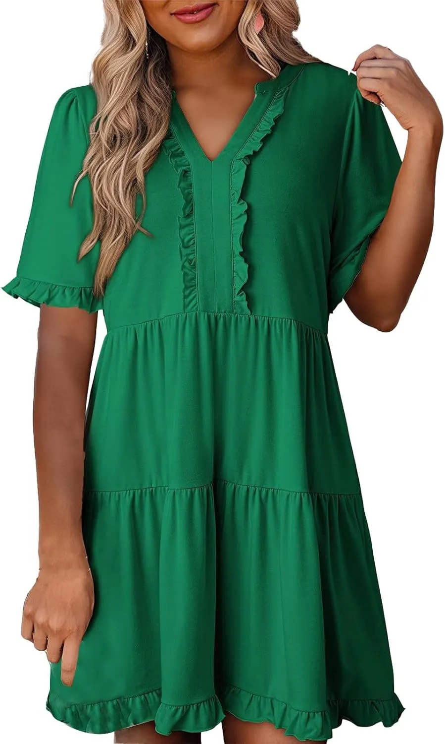 Mini Dresses for Women Summer Casual V Neck Dress Short Sleeve A Line Flowy Swing Shift Dress Plus Size Sundress