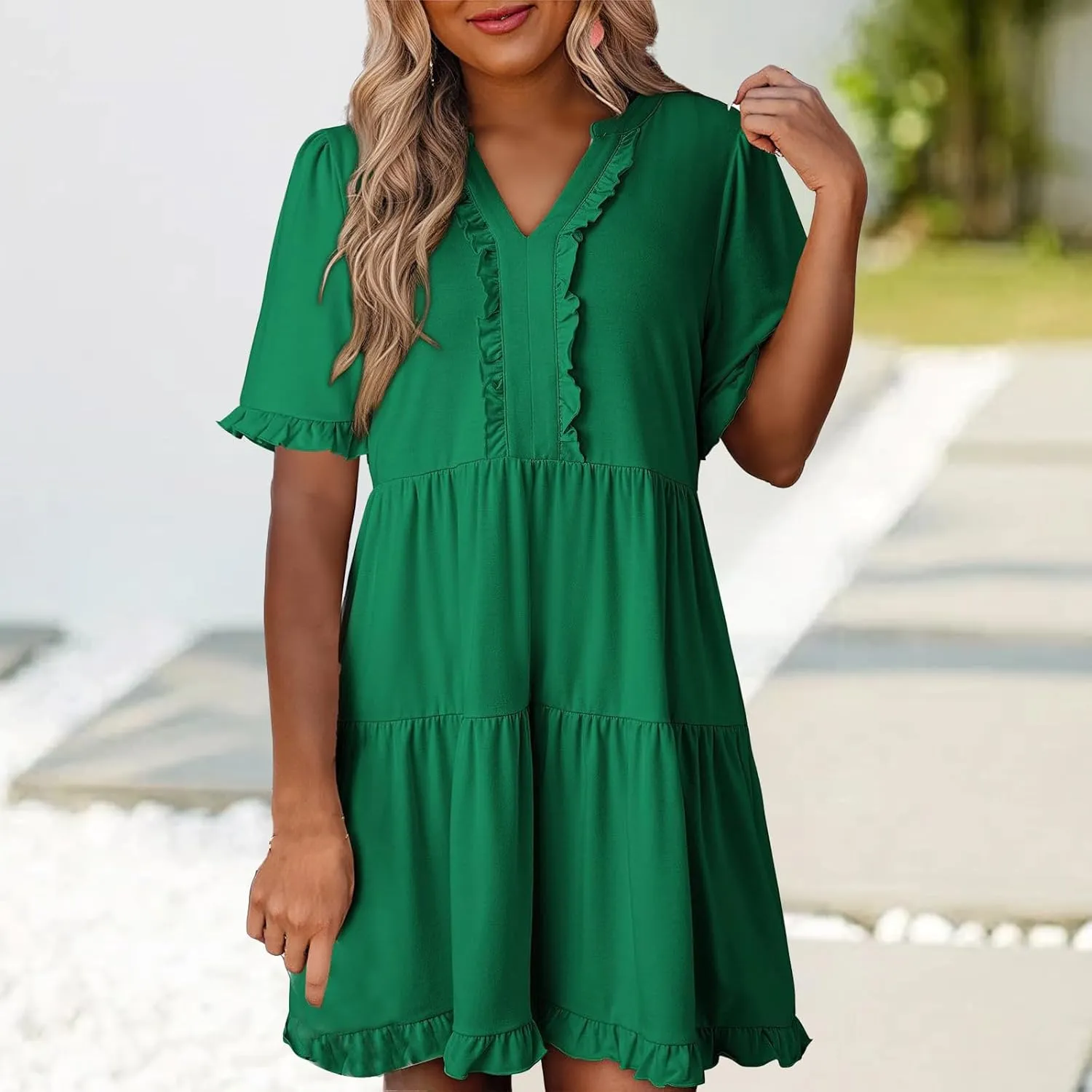 Mini Dresses for Women Summer Casual V Neck Dress Short Sleeve A Line Flowy Swing Shift Dress Plus Size Sundress