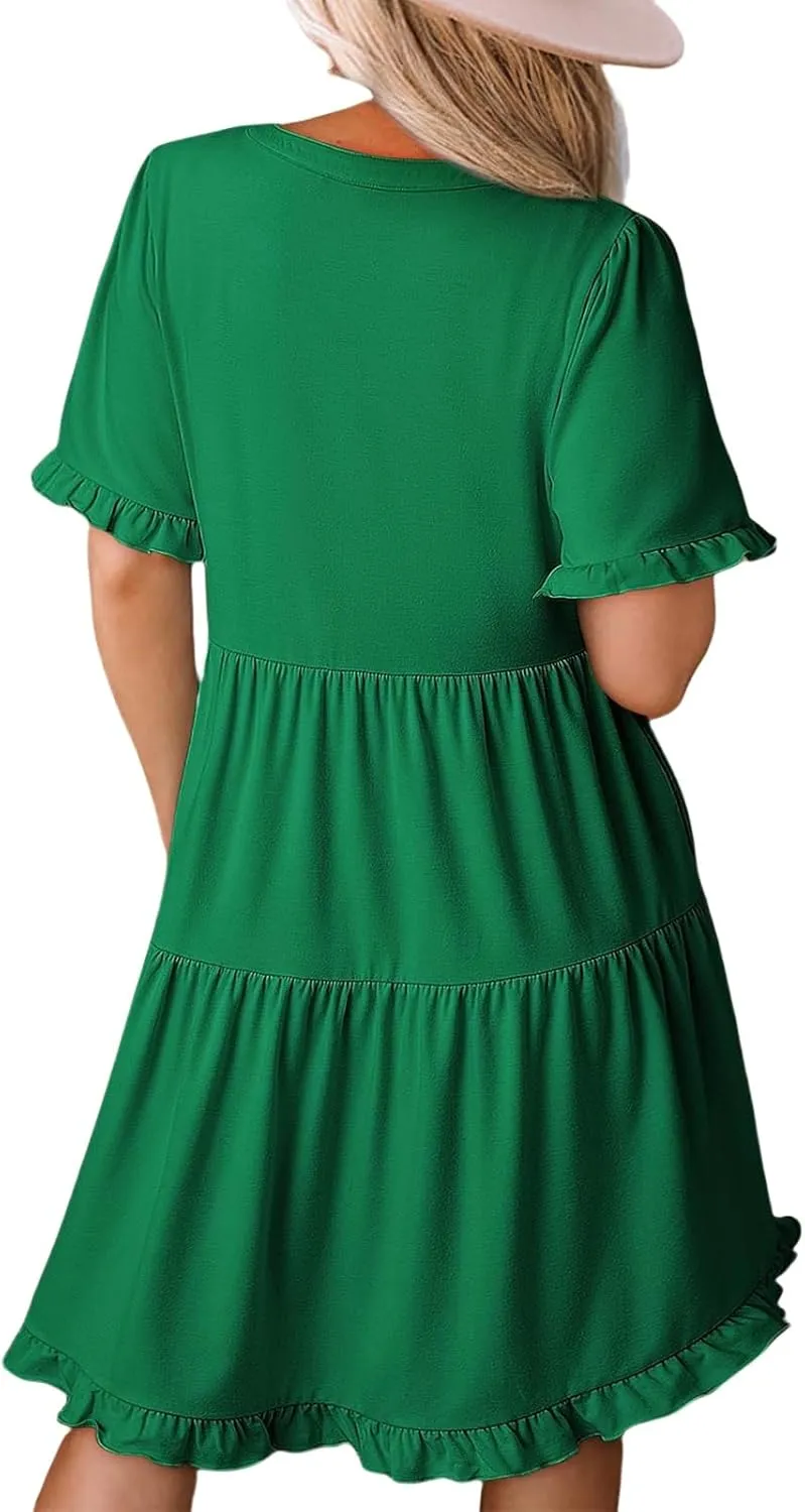 Mini Dresses for Women Summer Casual V Neck Dress Short Sleeve A Line Flowy Swing Shift Dress Plus Size Sundress