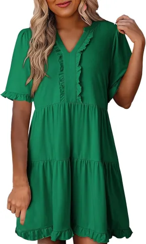 Mini Dresses for Women Summer Casual V Neck Dress Short Sleeve A Line Flowy Swing Shift Dress Plus Size Sundress