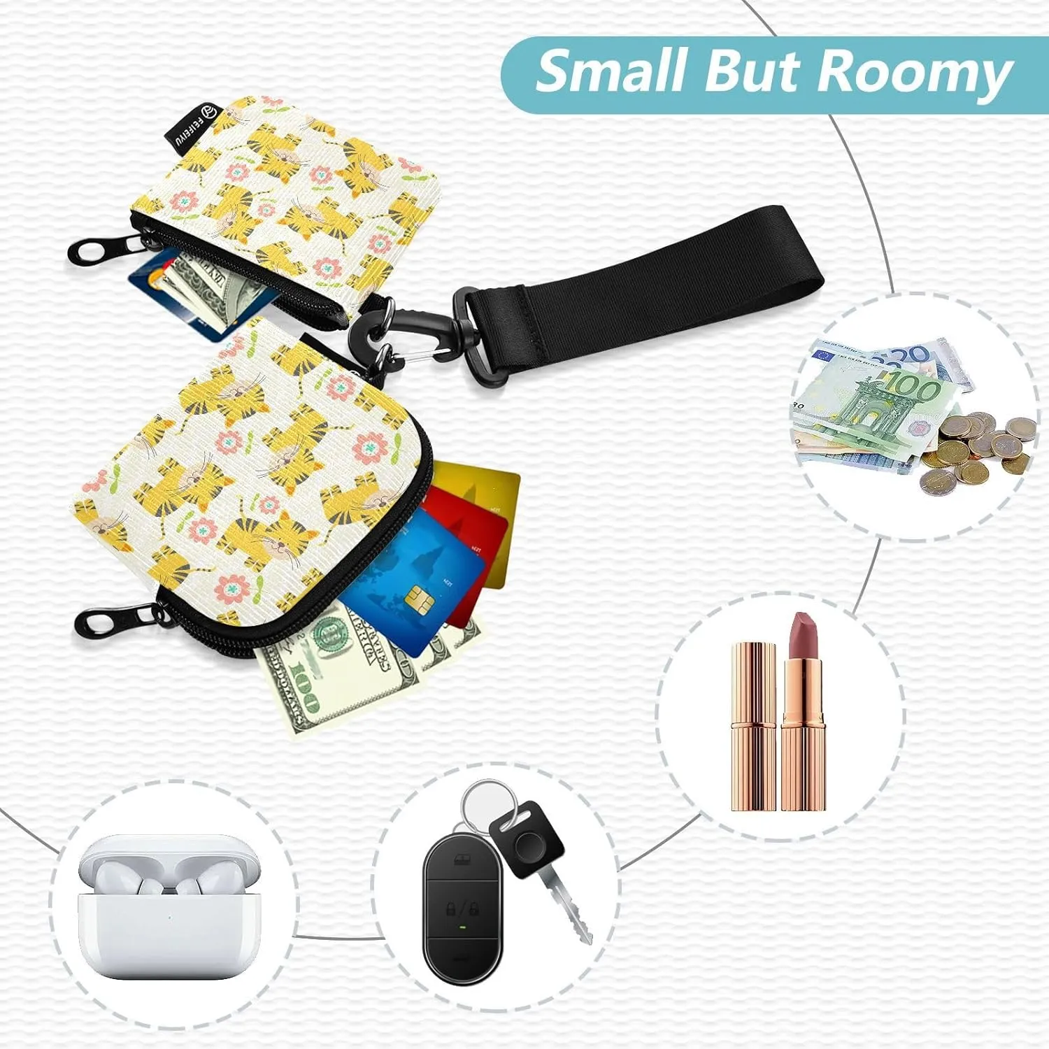 Mini Zip Around Wristlet Wallet Detachable Women Dual Pouch Card Cases Portable Zipper Cash Coin Purse Keychain,pattern 10