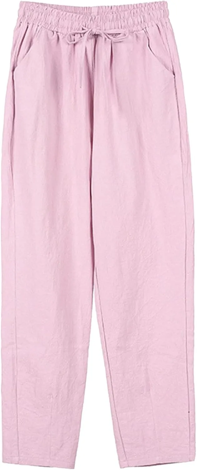Miyaomn Baggy Wide Leg Pants for Women Linen Casual Drawstring Elastic Waist Palazzo Harem Trousers Lounge Pants with Pockets