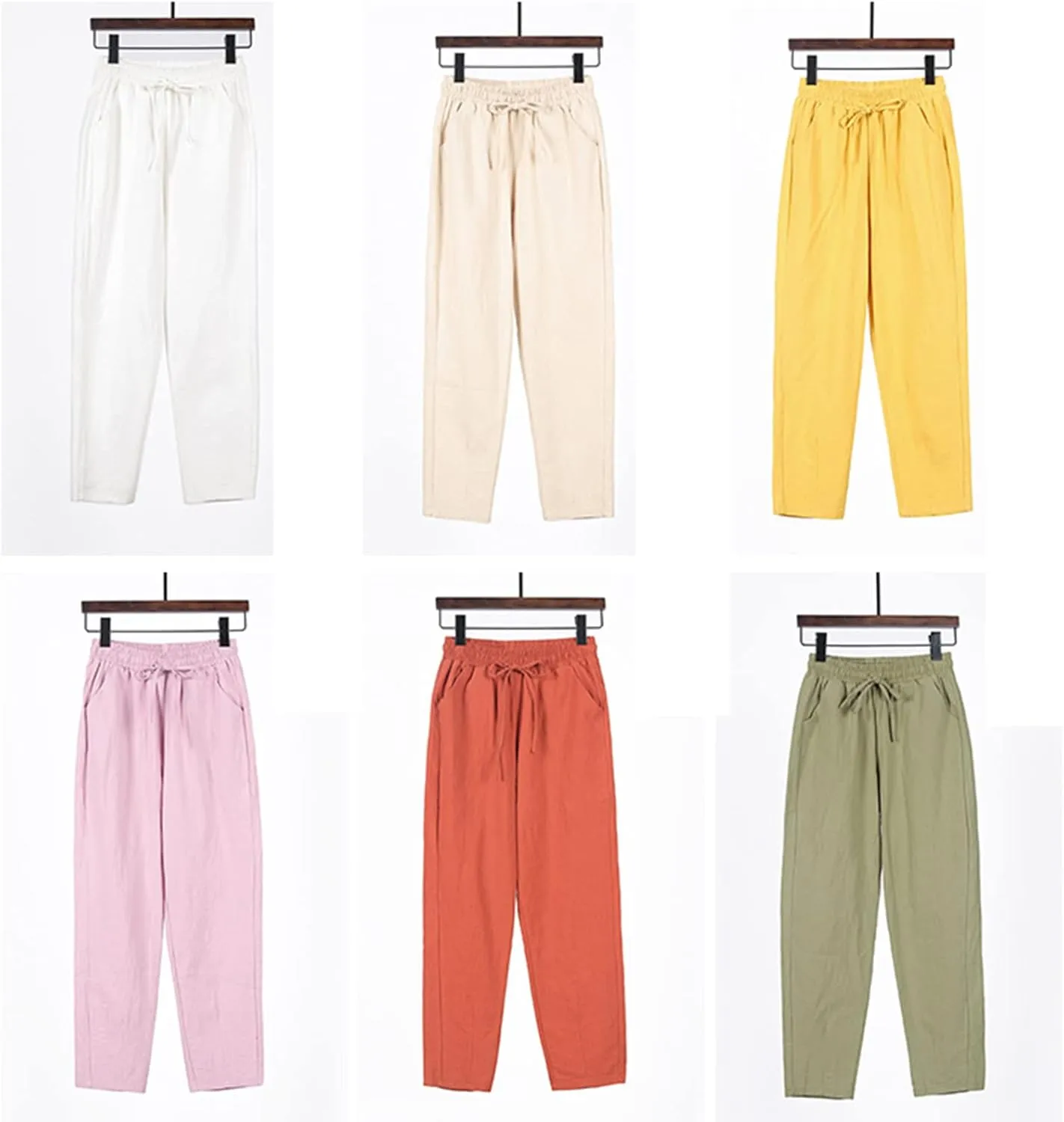 Miyaomn Baggy Wide Leg Pants for Women Linen Casual Drawstring Elastic Waist Palazzo Harem Trousers Lounge Pants with Pockets
