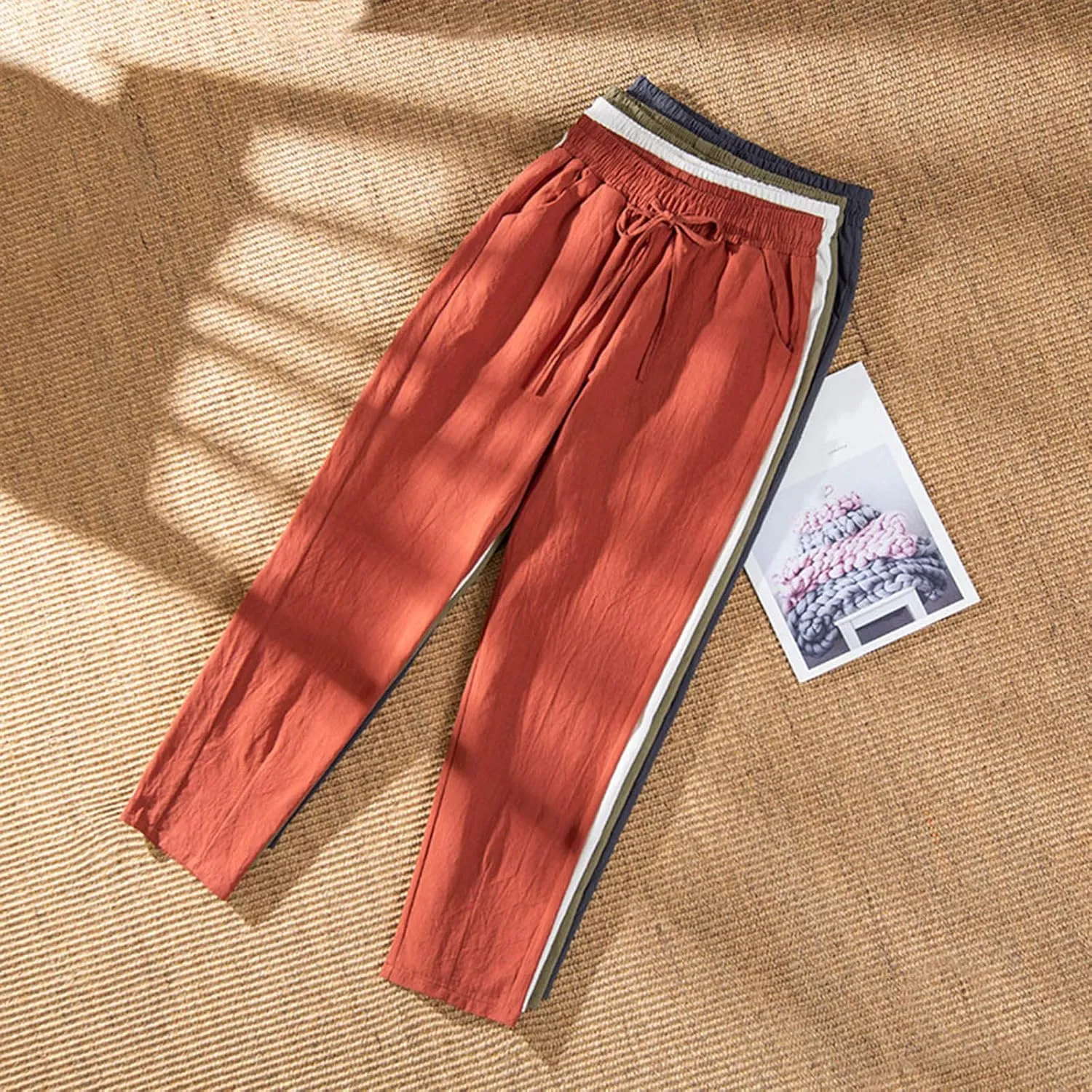 Miyaomn Baggy Wide Leg Pants for Women Linen Casual Drawstring Elastic Waist Palazzo Harem Trousers Lounge Pants with Pockets