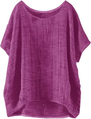 Miyaomn Women's Casual Linen Shirts Oversized Short Sleeve Crewneck Loose Fit Tees Blouse Summer Lightweight Solid Tunic Tops