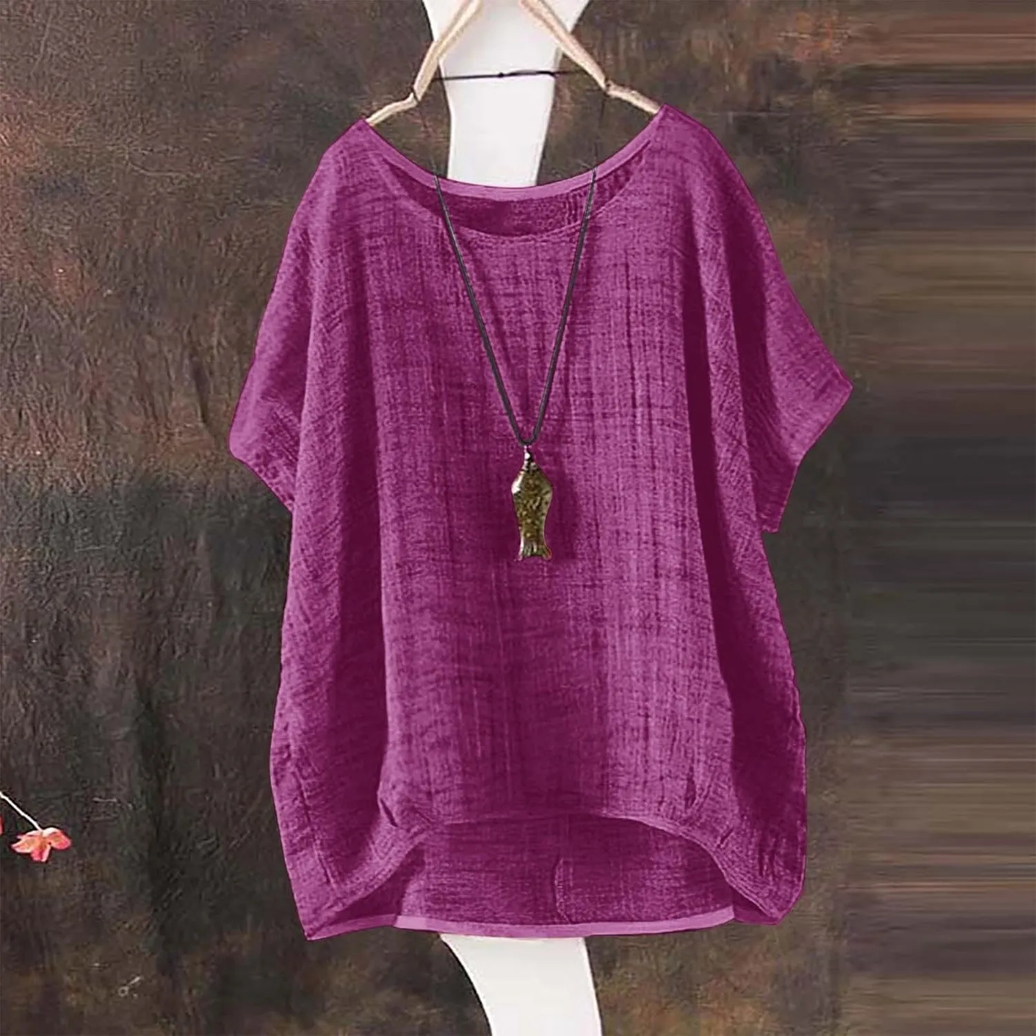 Miyaomn Women's Casual Linen Shirts Oversized Short Sleeve Crewneck Loose Fit Tees Blouse Summer Lightweight Solid Tunic Tops