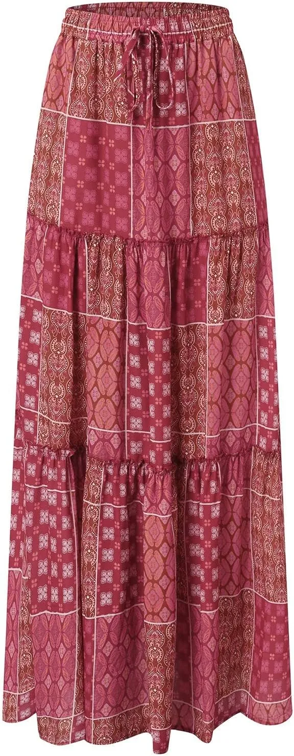 Miyaomn Women's High Waist Boho Floral Print Skirt Casual Summer Tie Front Flowy Ruffle Pleated A-Line Beach Long Maxi Skirts