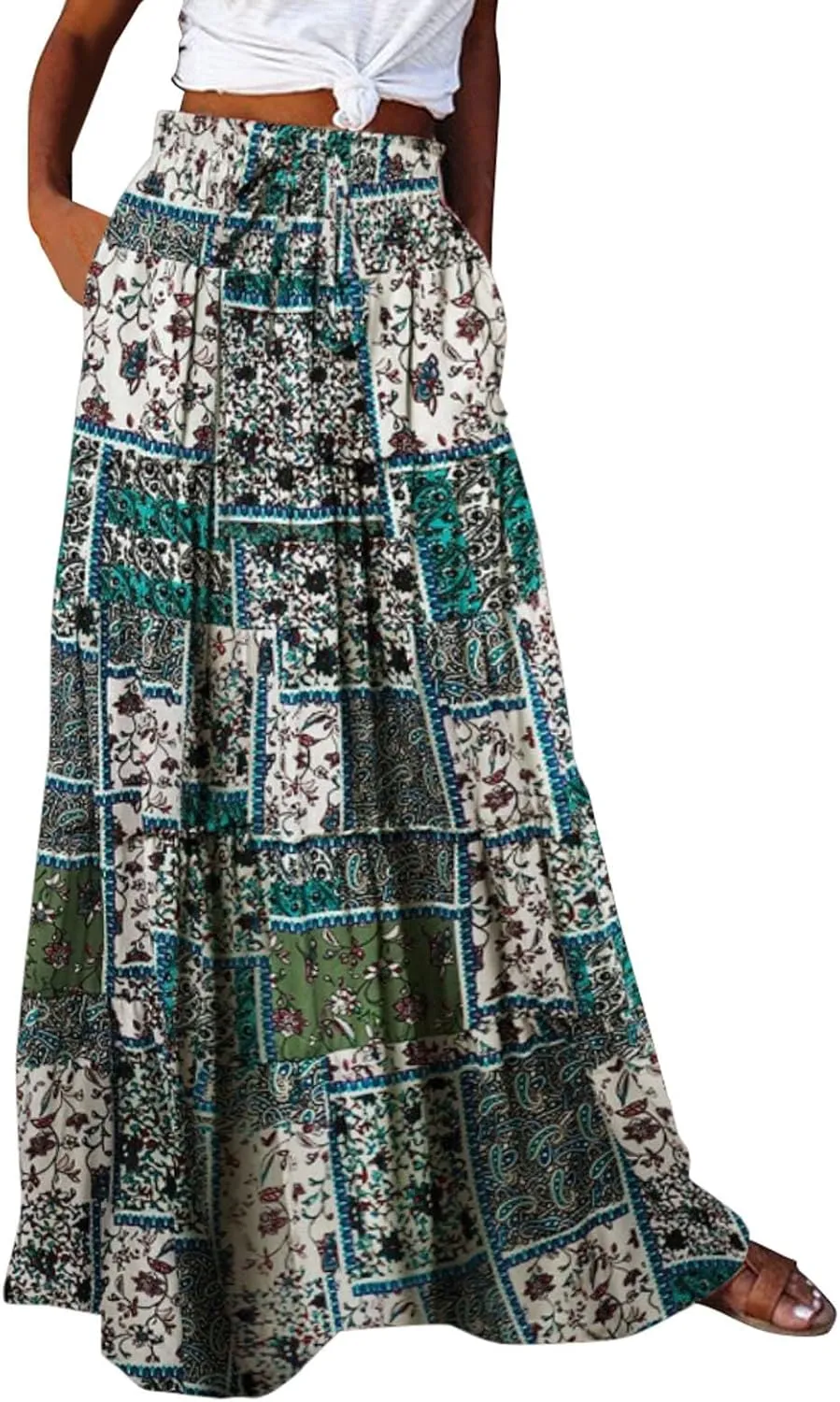 Miyaomn Women's High Waist Boho Floral Print Skirt Casual Summer Tie Front Flowy Ruffle Pleated A-Line Beach Long Maxi Skirts