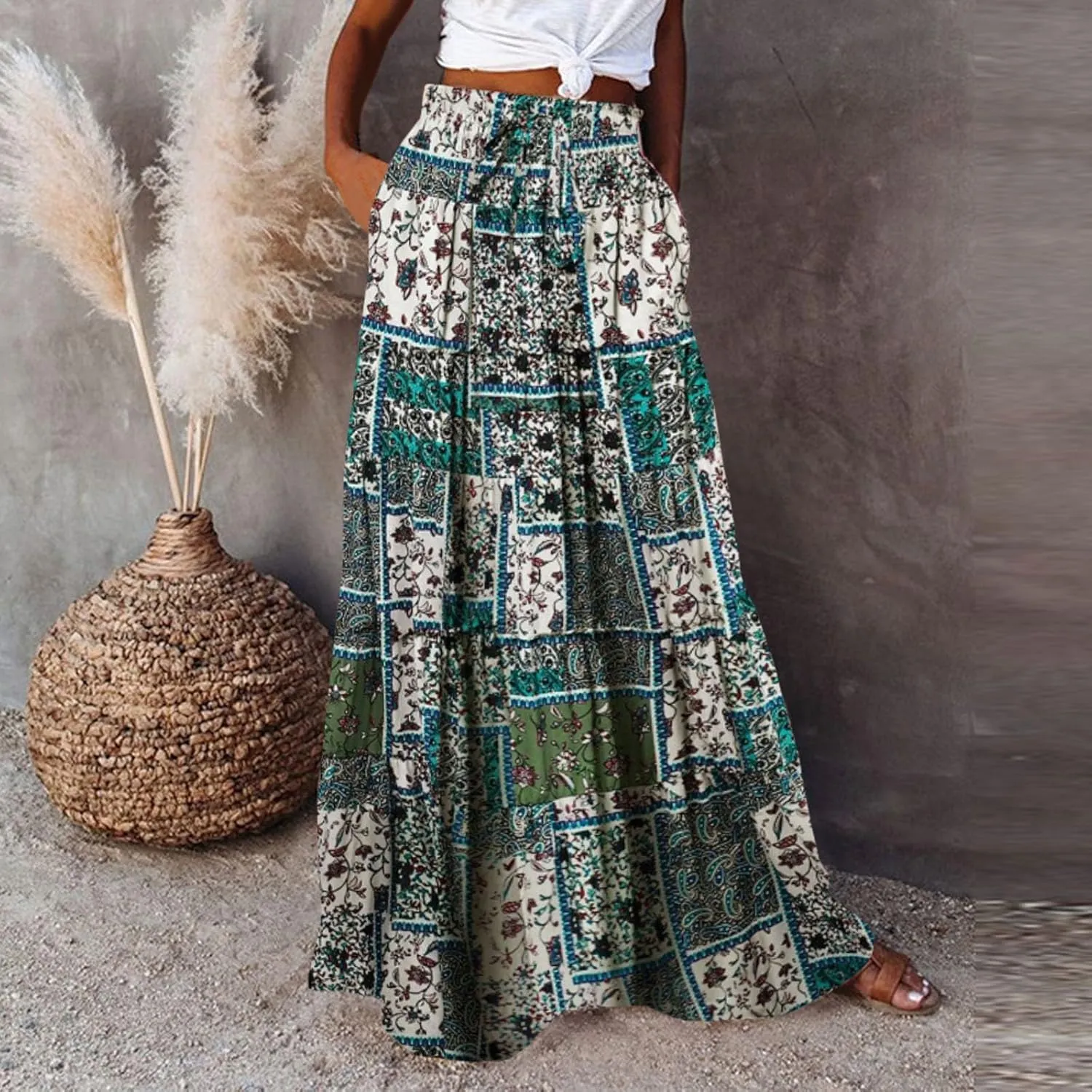 Miyaomn Women's High Waist Boho Floral Print Skirt Casual Summer Tie Front Flowy Ruffle Pleated A-Line Beach Long Maxi Skirts