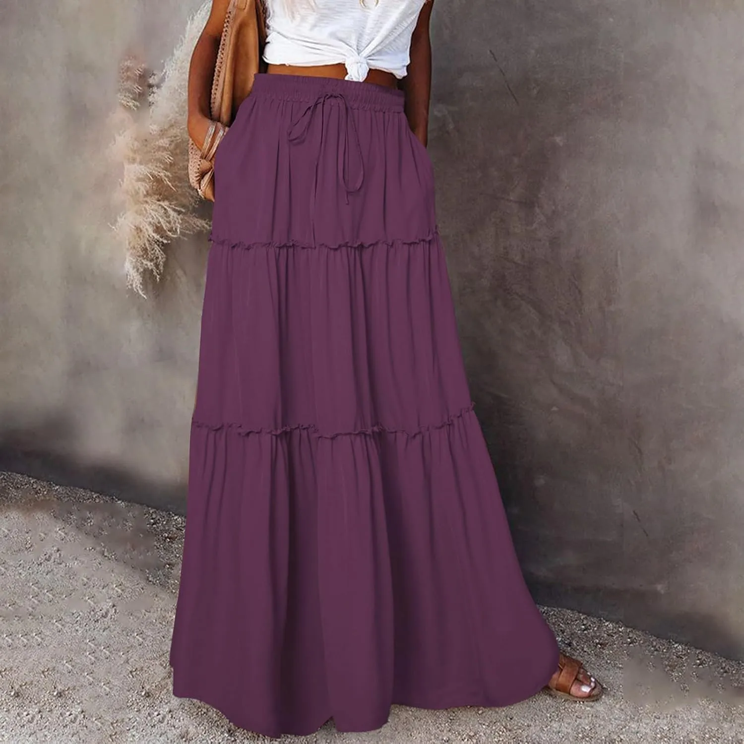 Miyaomn Women's High Waist Boho Floral Print Skirt Casual Summer Tie Front Flowy Ruffle Pleated A-Line Beach Long Maxi Skirts