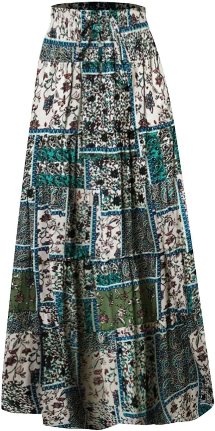 Miyaomn Women's High Waist Boho Floral Print Skirt Casual Summer Tie Front Flowy Ruffle Pleated A-Line Beach Long Maxi Skirts