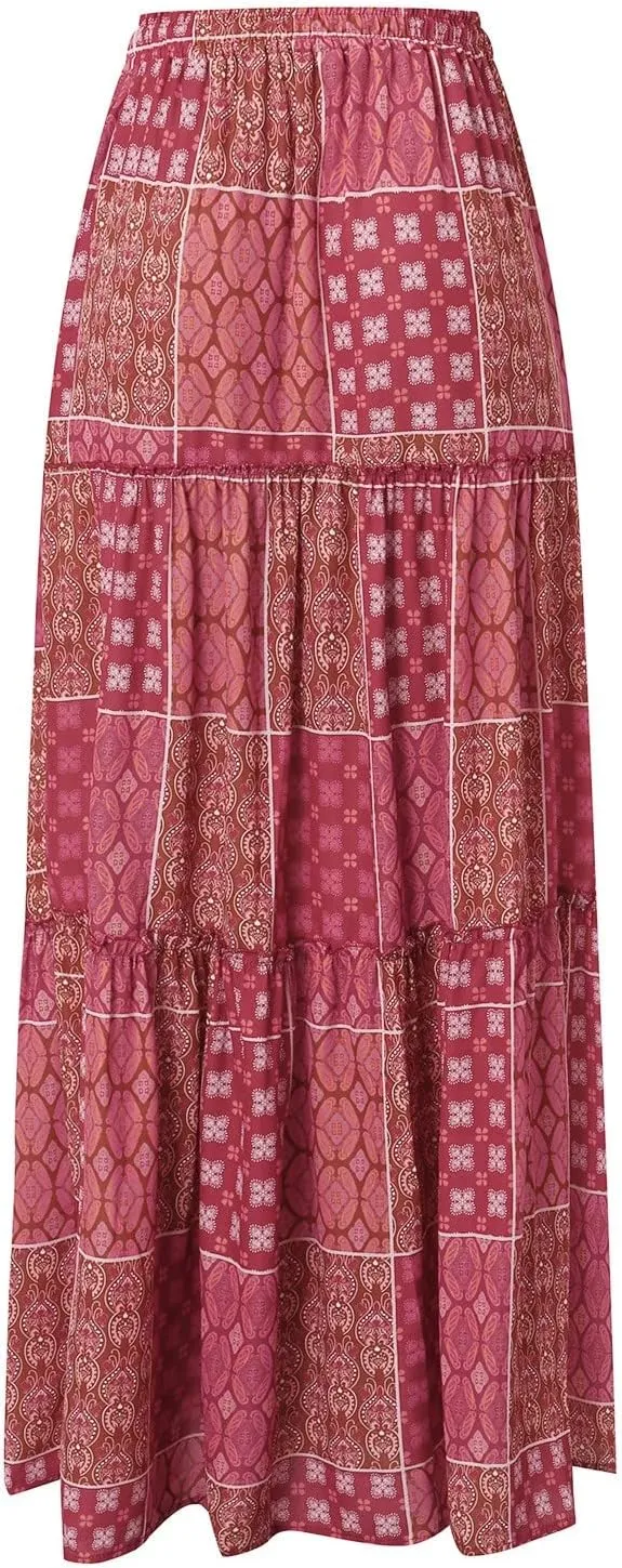 Miyaomn Women's High Waist Boho Floral Print Skirt Casual Summer Tie Front Flowy Ruffle Pleated A-Line Beach Long Maxi Skirts
