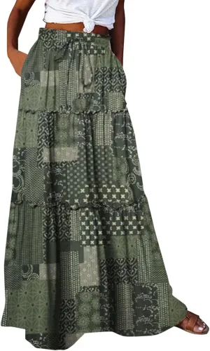 Miyaomn Women's High Waist Boho Floral Print Skirt Casual Summer Tie Front Flowy Ruffle Pleated A-Line Beach Long Maxi Skirts