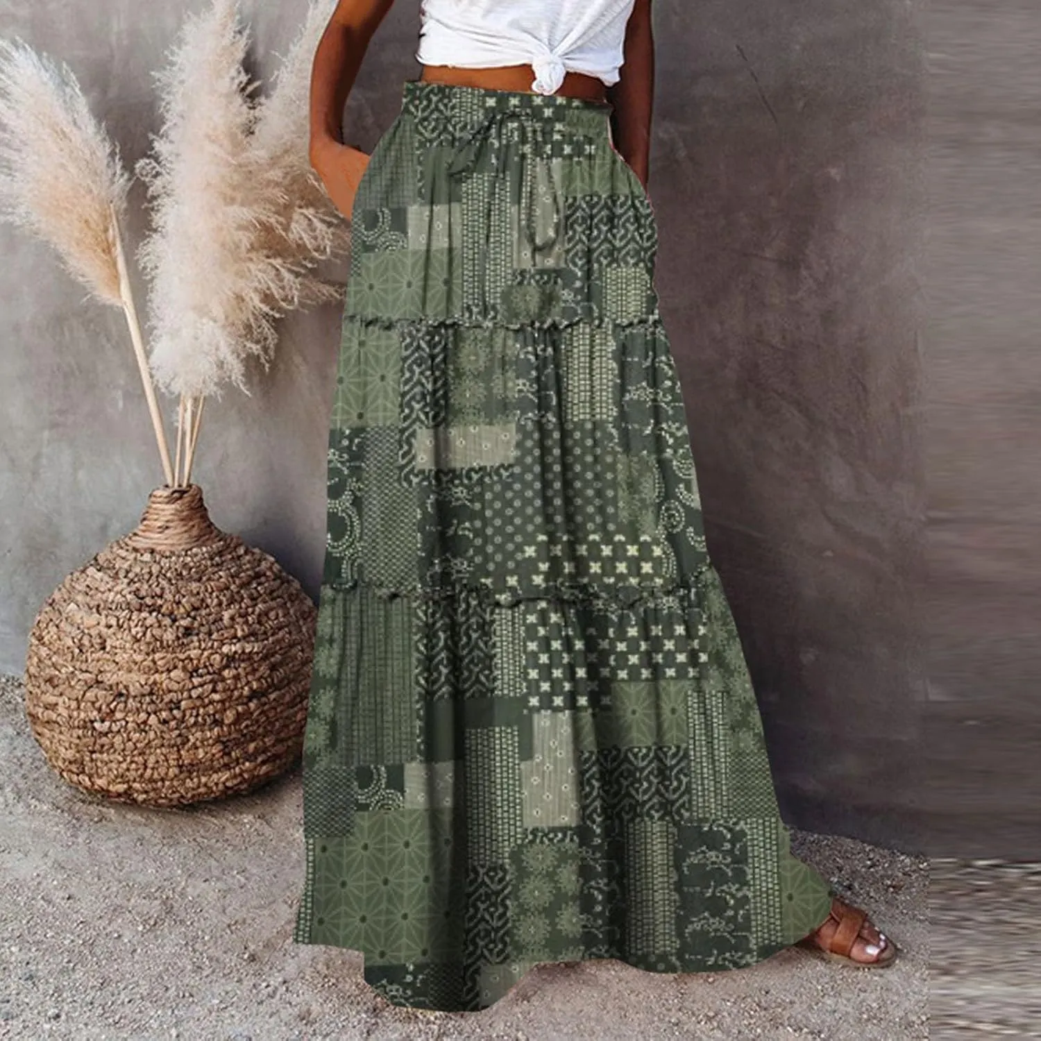 Miyaomn Women's High Waist Boho Floral Print Skirt Casual Summer Tie Front Flowy Ruffle Pleated A-Line Beach Long Maxi Skirts