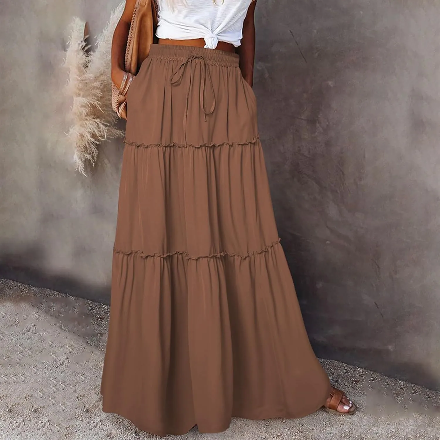 Miyaomn Women's High Waist Boho Floral Print Skirt Casual Summer Tie Front Flowy Ruffle Pleated A-Line Beach Long Maxi Skirts