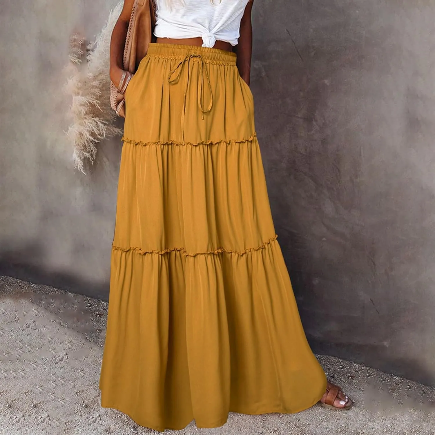 Miyaomn Women's High Waist Boho Floral Print Skirt Casual Summer Tie Front Flowy Ruffle Pleated A-Line Beach Long Maxi Skirts