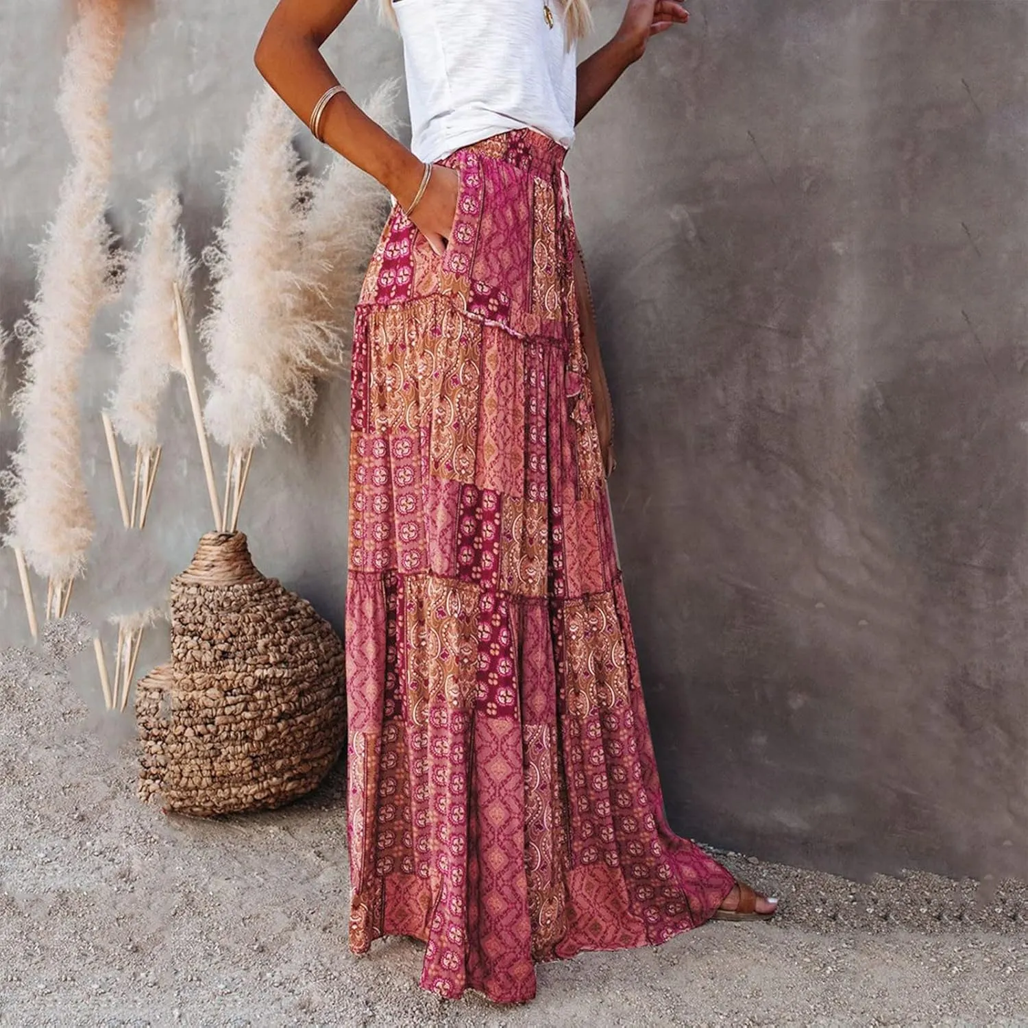 Miyaomn Women's High Waist Boho Floral Print Skirt Casual Summer Tie Front Flowy Ruffle Pleated A-Line Beach Long Maxi Skirts