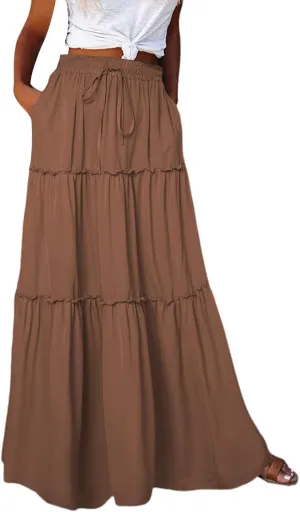 Miyaomn Women's High Waist Boho Floral Print Skirt Casual Summer Tie Front Flowy Ruffle Pleated A-Line Beach Long Maxi Skirts