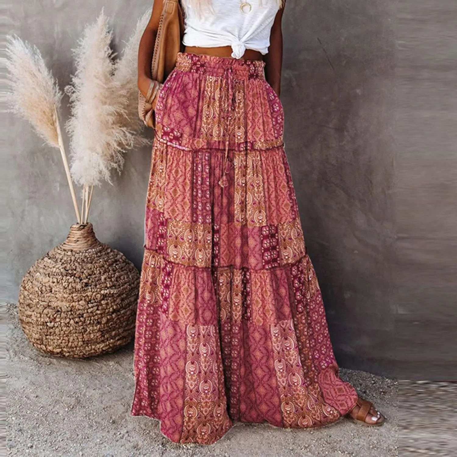 Miyaomn Women's High Waist Boho Floral Print Skirt Casual Summer Tie Front Flowy Ruffle Pleated A-Line Beach Long Maxi Skirts