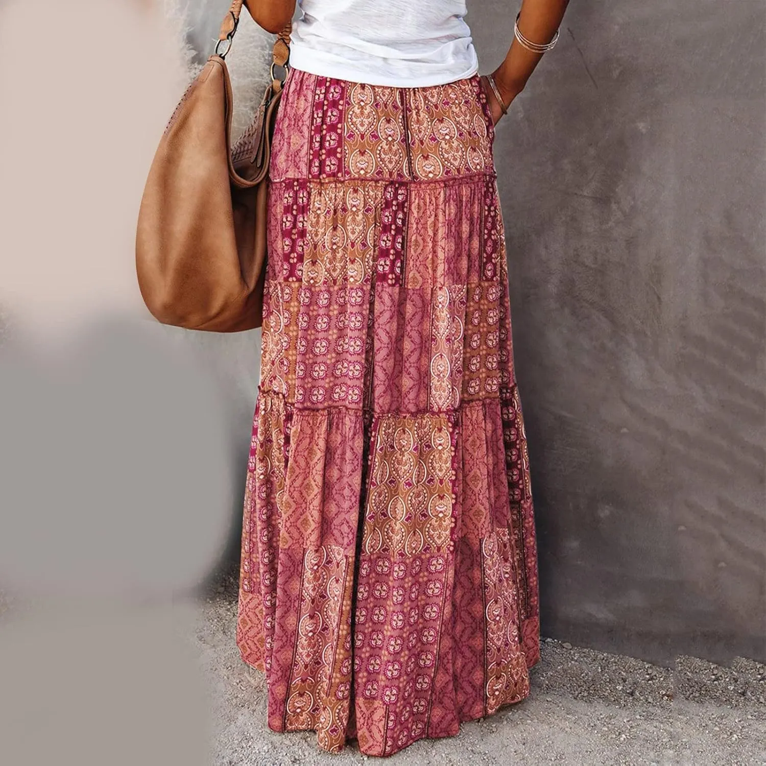 Miyaomn Women's High Waist Boho Floral Print Skirt Casual Summer Tie Front Flowy Ruffle Pleated A-Line Beach Long Maxi Skirts