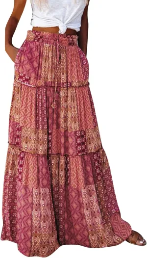 Miyaomn Women's High Waist Boho Floral Print Skirt Casual Summer Tie Front Flowy Ruffle Pleated A-Line Beach Long Maxi Skirts