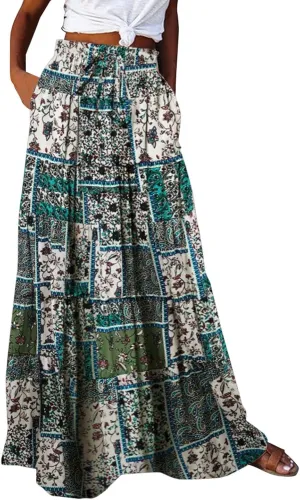 Miyaomn Women's High Waist Boho Floral Print Skirt Casual Summer Tie Front Flowy Ruffle Pleated A-Line Beach Long Maxi Skirts