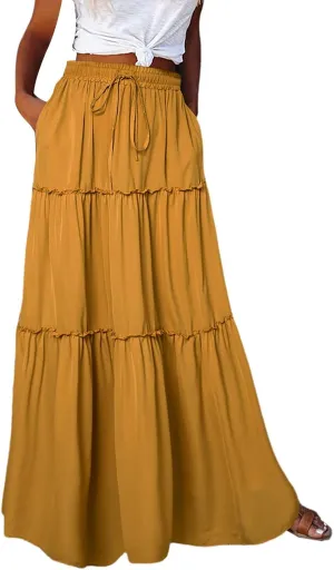 Miyaomn Women's High Waist Boho Floral Print Skirt Casual Summer Tie Front Flowy Ruffle Pleated A-Line Beach Long Maxi Skirts