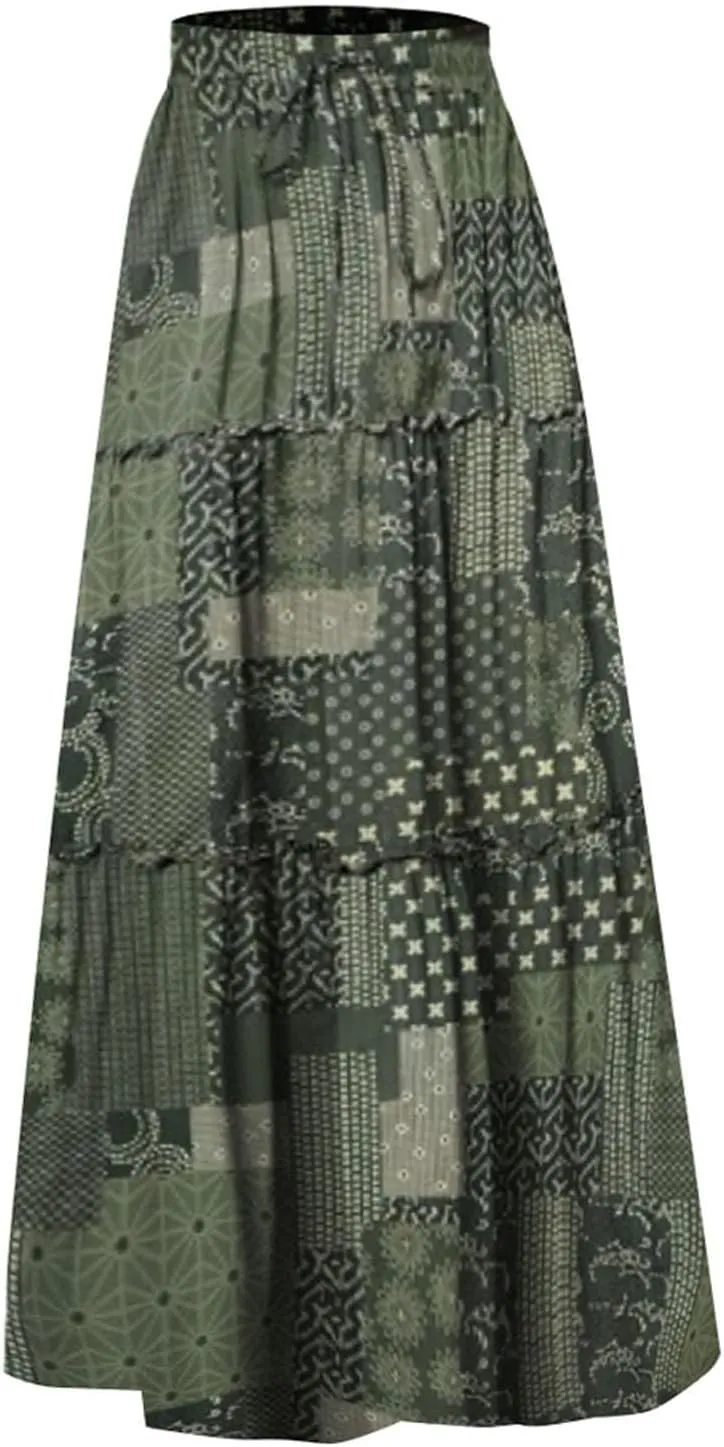 Miyaomn Women's High Waist Boho Floral Print Skirt Casual Summer Tie Front Flowy Ruffle Pleated A-Line Beach Long Maxi Skirts