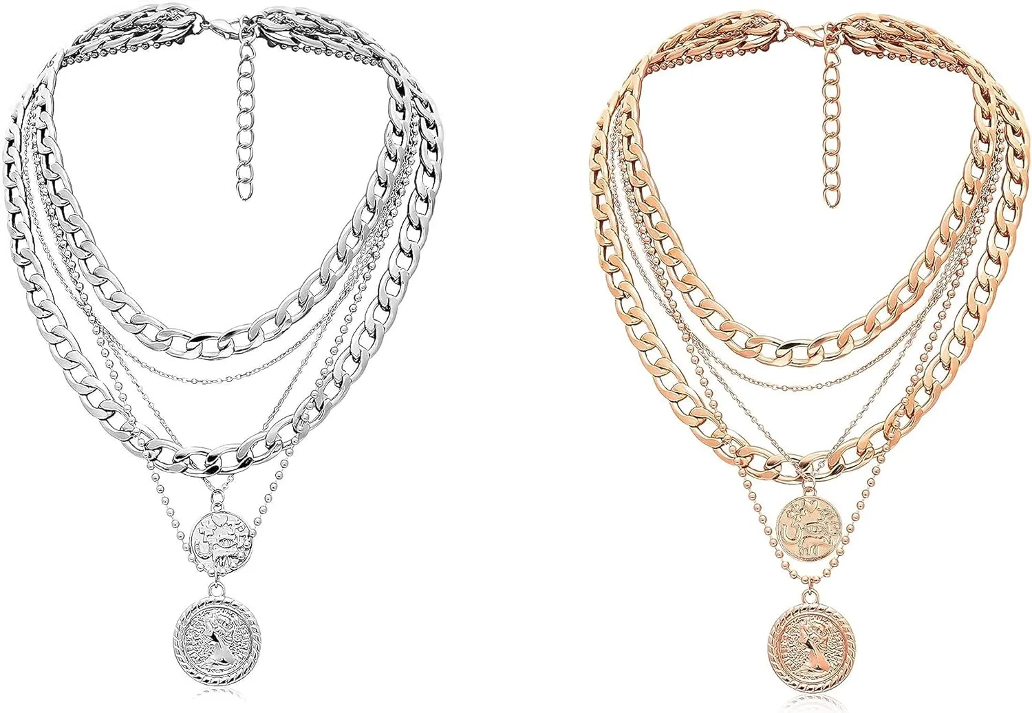 MJartoria Bundle - Silver Layered Necklaces for Women Trendy Retro Coin Pendant Gold Necklace and Rose Gold Dainty Chunky Link Chain Choker Necklaces for Girls Jewelry Birthday Gifts